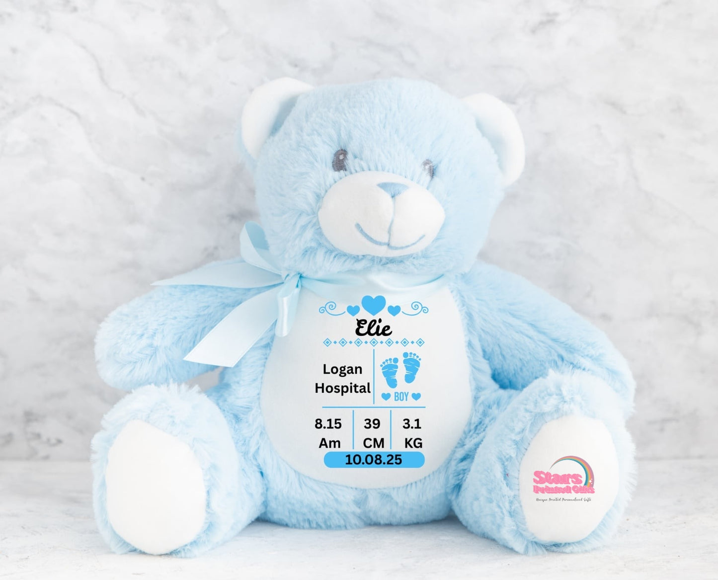 Personalised  Heart Birth stat Plush , Custom Printed Keepsake Bear, Baby Announcement Blue Bear