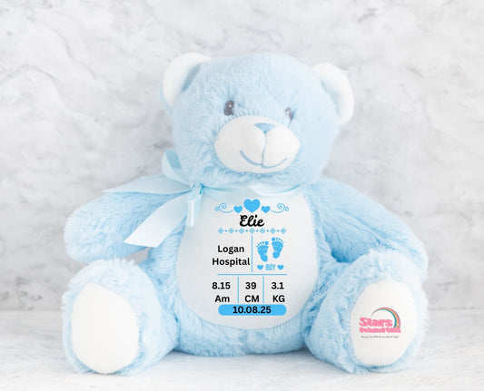 Personalised  Heart Birth stat Plush , Custom Printed Keepsake Bear, Baby Announcement Blue Bear