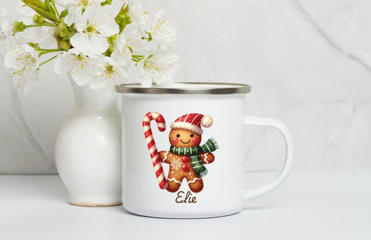 Personalised Enamel Mug ,Kids Christmas Mug, Christmas Eve Box Gift, 1st December Box Gift, Custom Camping Mug, Cup For Kids Gingerbread Man