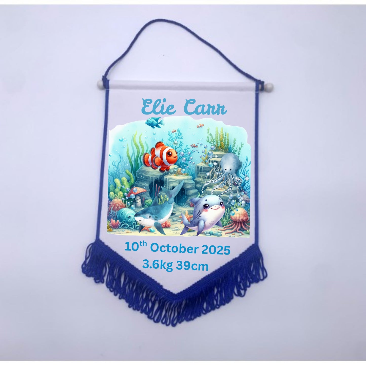 Personalised Baby Birth Stat Bunting Flag | Custom Name Nursery Decor | Newborn Wall Banner | Baby Shower Gift- Under The Sea