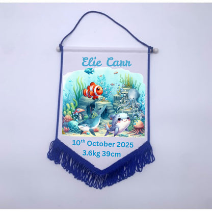 Personalised Baby Birth Stat Bunting Flag | Custom Name Nursery Decor | Newborn Wall Banner | Baby Shower Gift- Under The Sea