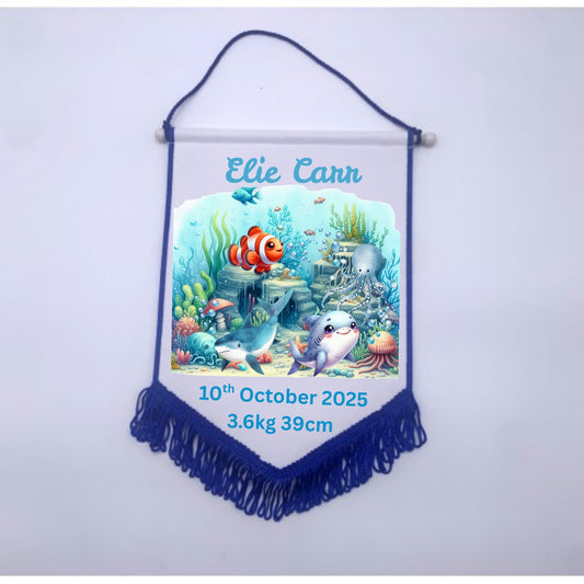 Personalised Baby Birth Stat Bunting Flag | Custom Name Nursery Decor | Newborn Wall Banner | Baby Shower Gift- Under The Sea