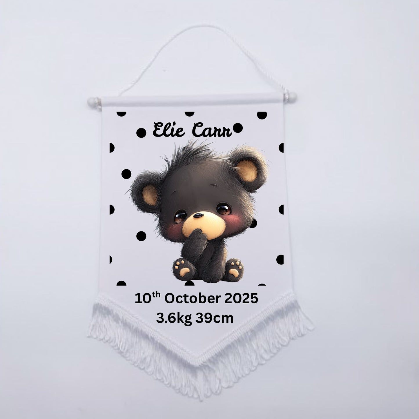 Personalised Baby Birth Stat Bunting Flag | Custom Name Nursery Decor | Newborn Wall Banner | Baby Shower Gift- Beary Bear