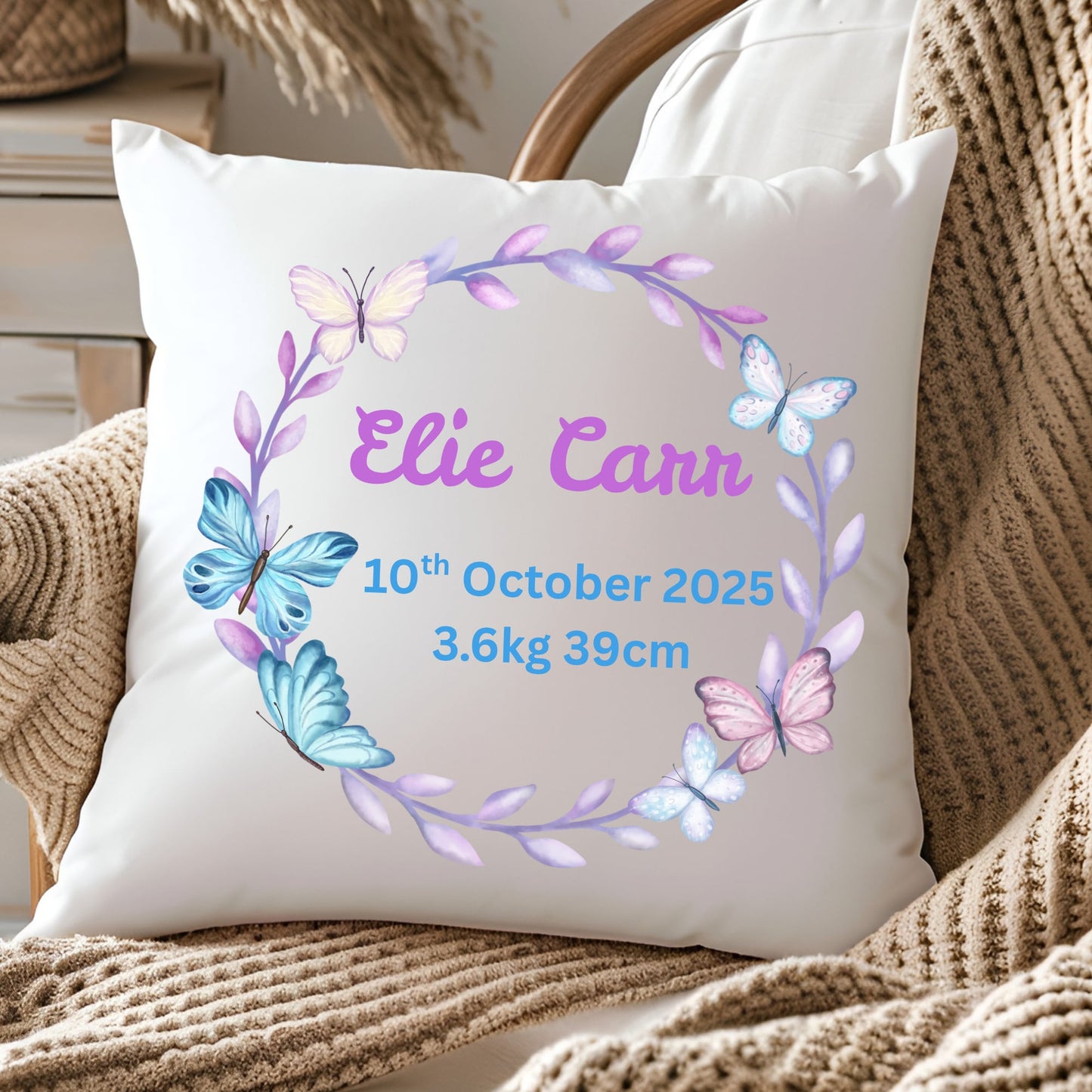 Personalised Baby Birth Stats Pillow Case with Insert | Newborn Keepsake Gift  | Nursery Decor Baby Pillow- Butterfly