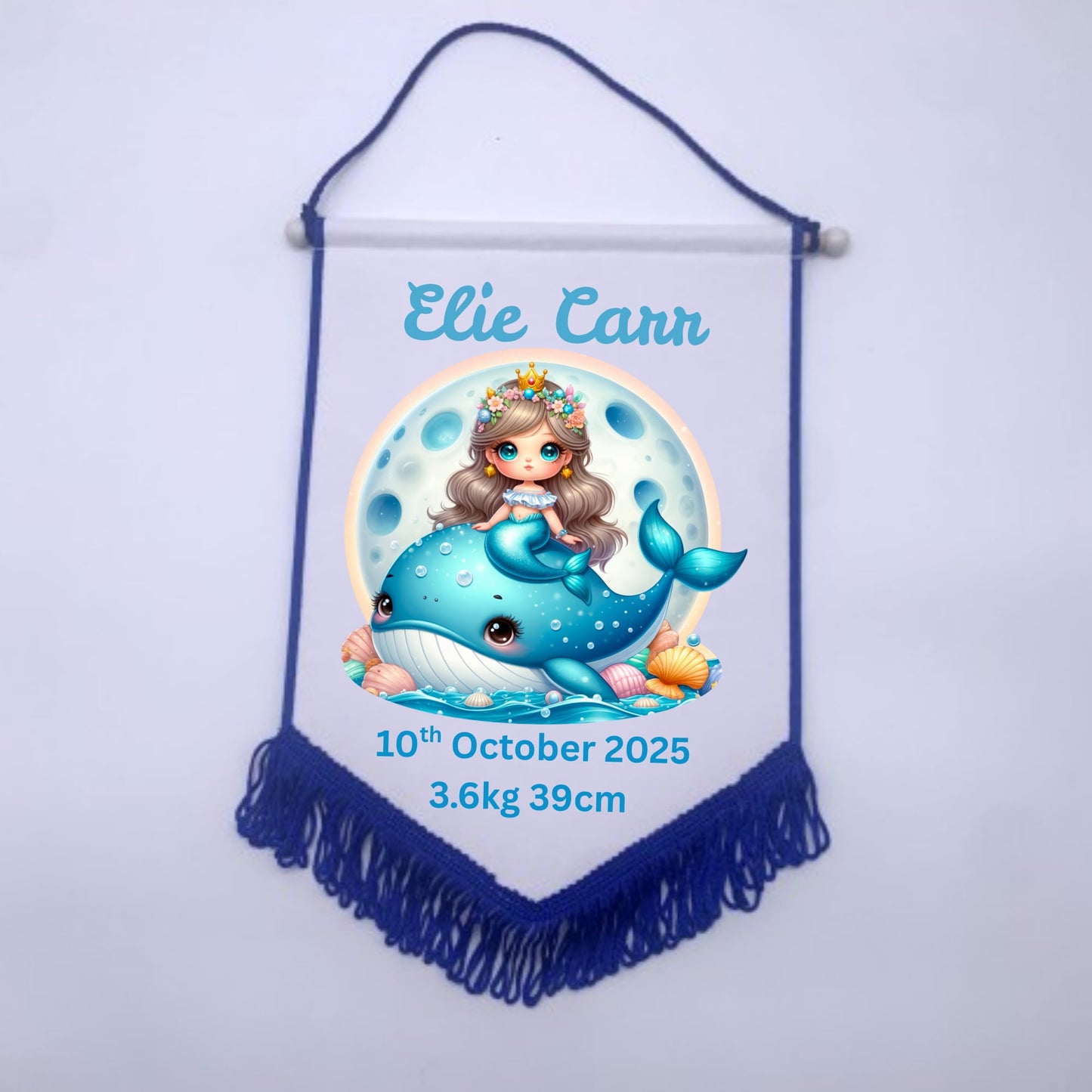 Personalised Baby Birth Stat Bunting Flag | Custom Name Nursery Decor | Newborn Wall Banner | Baby Shower Gift- Mermaid Whale