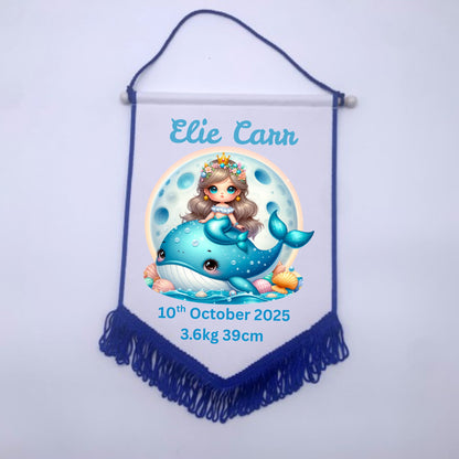 Personalised Baby Birth Stat Bunting Flag | Custom Name Nursery Decor | Newborn Wall Banner | Baby Shower Gift- Mermaid Whale