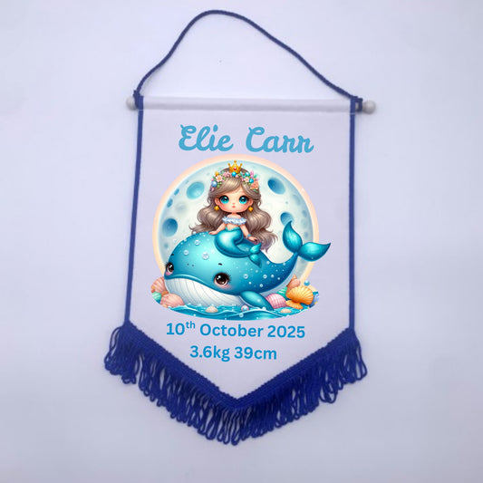 Personalised Baby Birth Stat Bunting Flag | Custom Name Nursery Decor | Newborn Wall Banner | Baby Shower Gift- Mermaid Whale