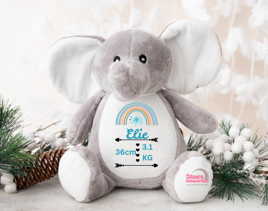Personalised Elephant Plush, Custom Printed Keepsake Elephant, Birth Stat Bear