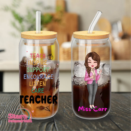 Personalised Teacher Libby Glass | Custom Iced Coffee Cup with Bamboo Lid & Straw | End of Year Teacher Gift , Custom Teacher Gift