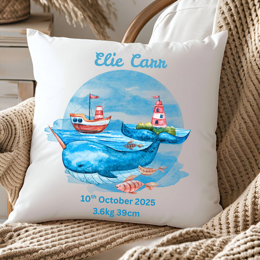Personalised Baby Birth Stats Pillow Case with Insert | Newborn Keepsake Gift  | Nursery Decor Baby Pillow- Sealife