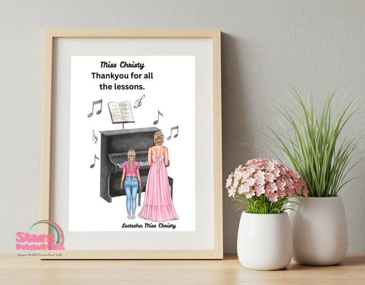 Personalised Teacher Artwork, Custom Teacher Portrait , For Music  Teacher, Digital Print, Printed or Framed Gift.