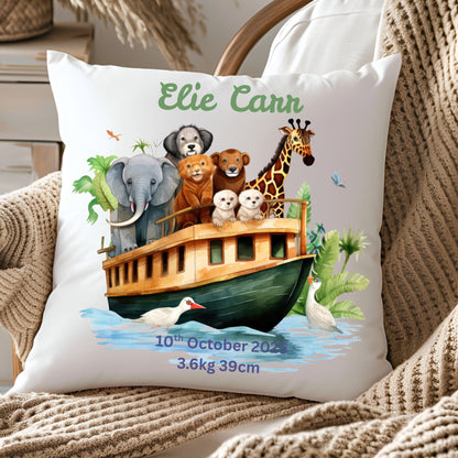 Personalised Baby Birth Stats Pillow Case with Insert | Newborn Keepsake Gift  | Nursery Decor Baby Pillow- Noah Ark