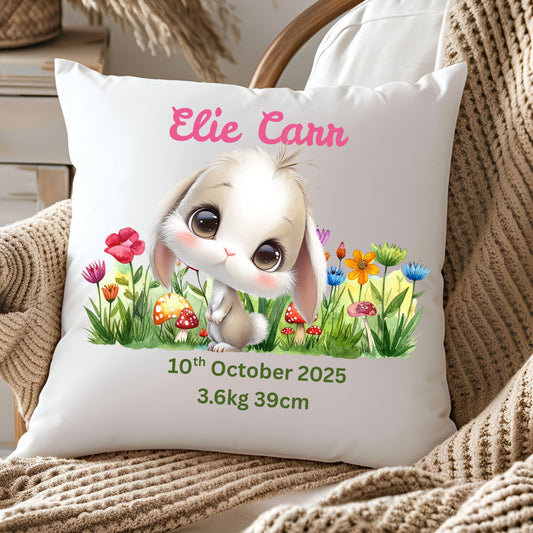 Personalised Baby Birth Stats Pillow Case with Insert | Newborn Keepsake Gift  | Nursery Decor Baby Pillow- Garden Bunny