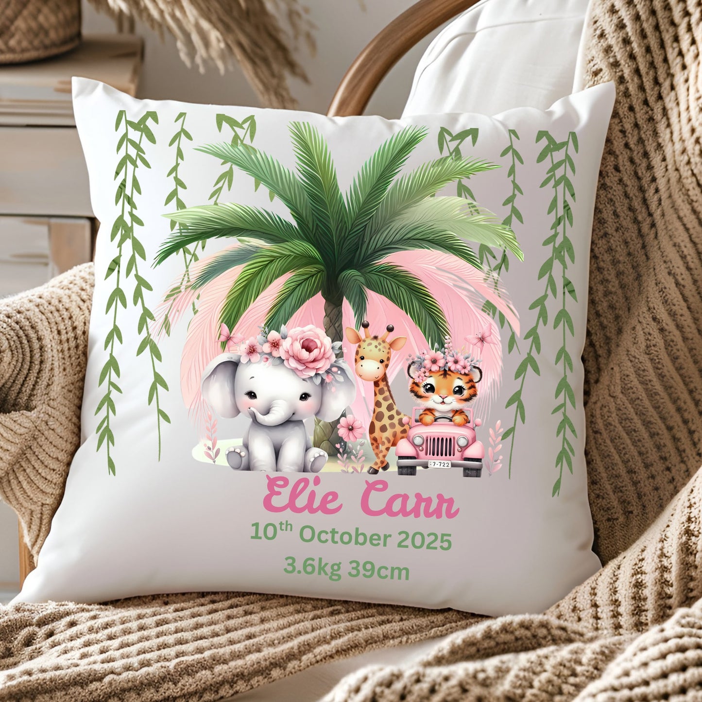 Personalised Baby Birth Stats Pillow Case with Insert | Newborn Keepsake Gift  | Nursery Decor Baby Pillow- Pink Safari