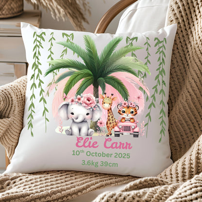 Personalised Baby Birth Stats Pillow Case with Insert | Newborn Keepsake Gift  | Nursery Decor Baby Pillow- Pink Safari