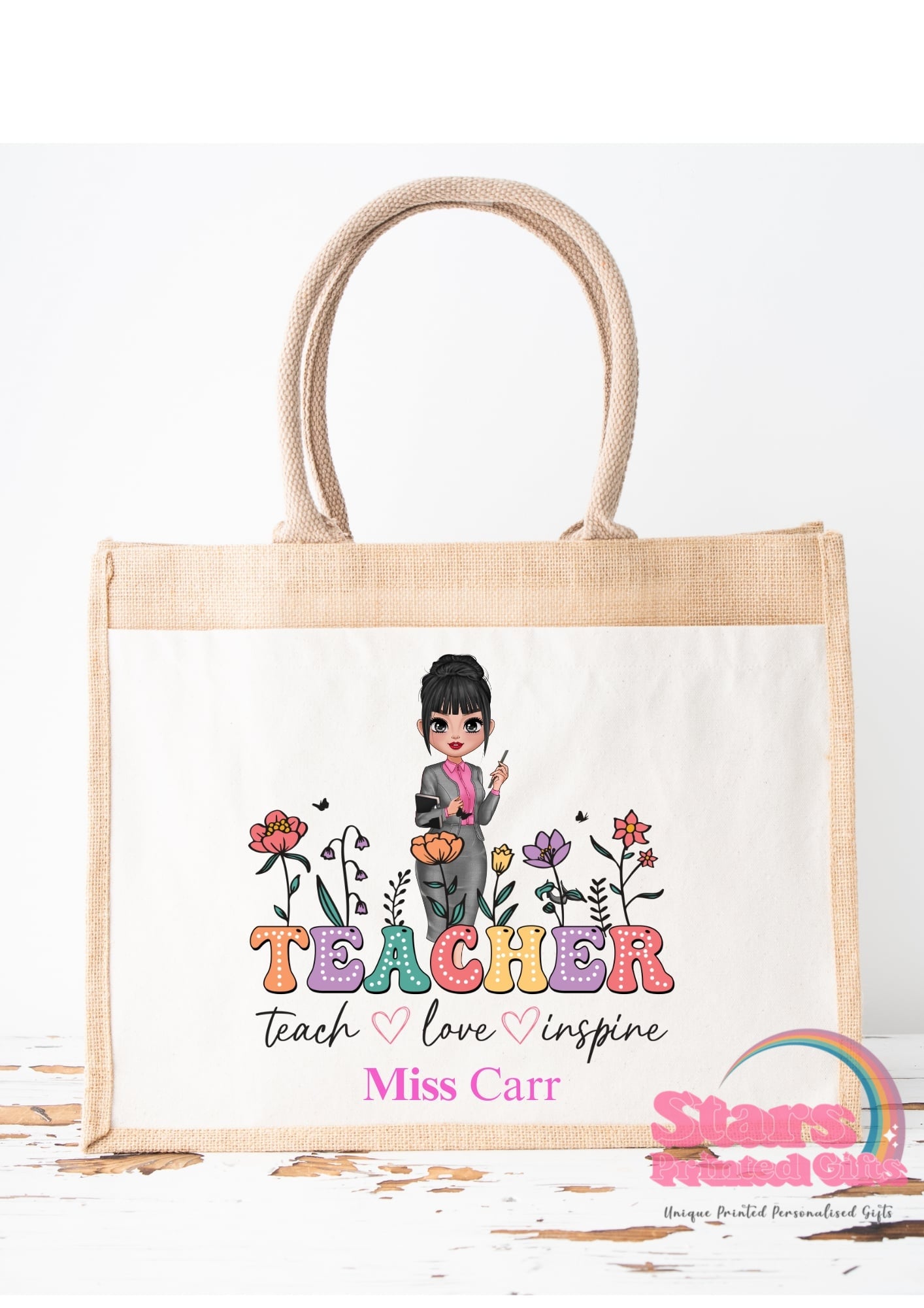 Personalised Jute Tote Bag | Eco Friendly Reusable Shopping Bag | Custom Name Gift for Teachers - Teacher Love Inspire