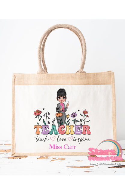 Personalised Jute Tote Bag | Eco Friendly Reusable Shopping Bag | Custom Name Gift for Teachers - Teacher Love Inspire