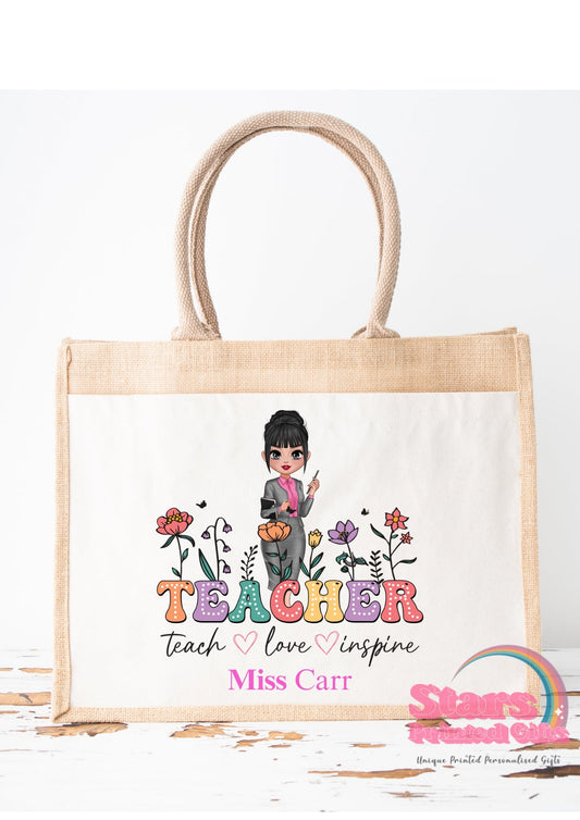 Personalised Jute Tote Bag | Eco Friendly Reusable Shopping Bag | Custom Name Gift for Teachers - Teacher Love Inspire