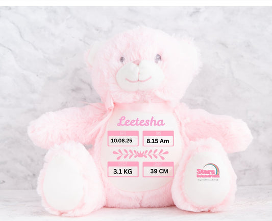 Personalised Birth stat Plush , Custom Printed Keepsake Bear, Baby Announcement Bear