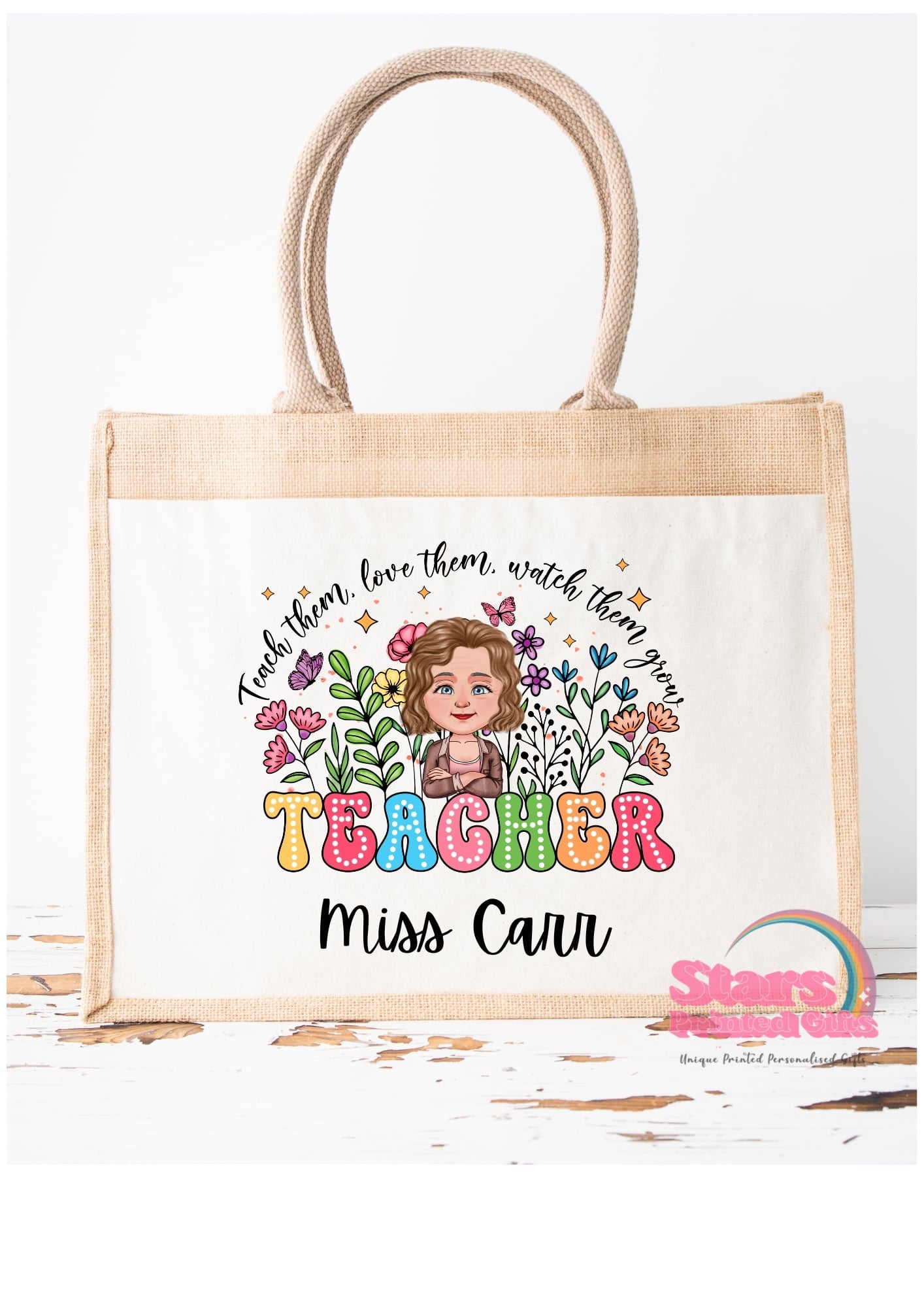 Personalised Jute Tote Bag | Eco Friendly Reusable Shopping Bag | Custom Name Gift for Teachers - Teacher