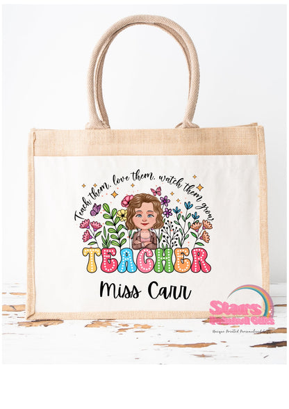 Personalised Jute Tote Bag | Eco Friendly Reusable Shopping Bag | Custom Name Gift for Teachers - Teacher
