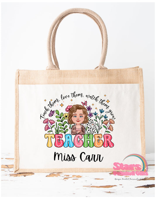Personalised Jute Tote Bag | Eco Friendly Reusable Shopping Bag | Custom Name Gift for Teachers - Teacher