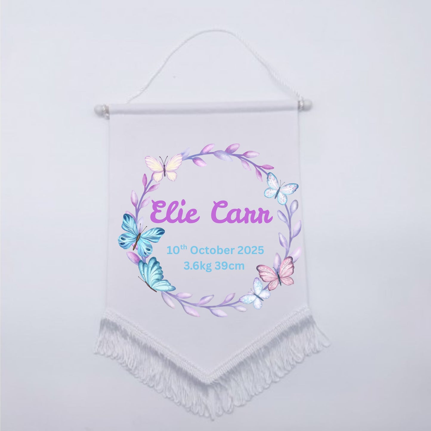 Personalised Baby Birth Stat Bunting Flag | Custom Name Nursery Decor | Newborn Wall Banner | Baby Shower Gift- Butterfly 🦋