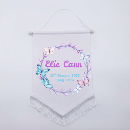 Personalised Baby Birth Stat Bunting Flag | Custom Name Nursery Decor | Newborn Wall Banner | Baby Shower Gift- Butterfly 🦋