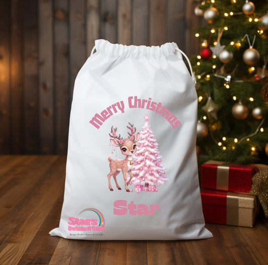 Personalised Christmas Santa Sack Christmas Pink Deer / Custom Name Christmas Gift Bag / Reuseable Christmas Toy Bag For Kids