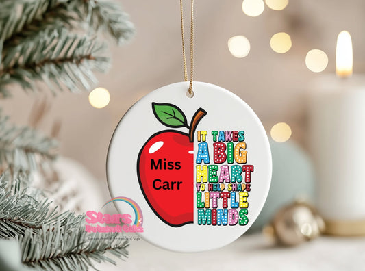 Personalised Teacher Ornament – Custom Ceramic or Aluminium Ornament – Teacher Christmas Keepsake Decoration – Big Heart