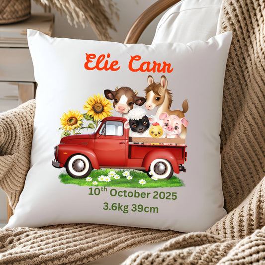 Personalised Baby Birth Stats Pillow Case with Insert | Newborn Keepsake Gift  | Nursery Decor Baby Pillow- Farm Truck