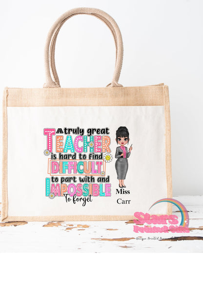 Personalised Jute Tote Bag | Eco Friendly Reusable Shopping Bag | Custom Name Gift for Teachers - Great Teacher
