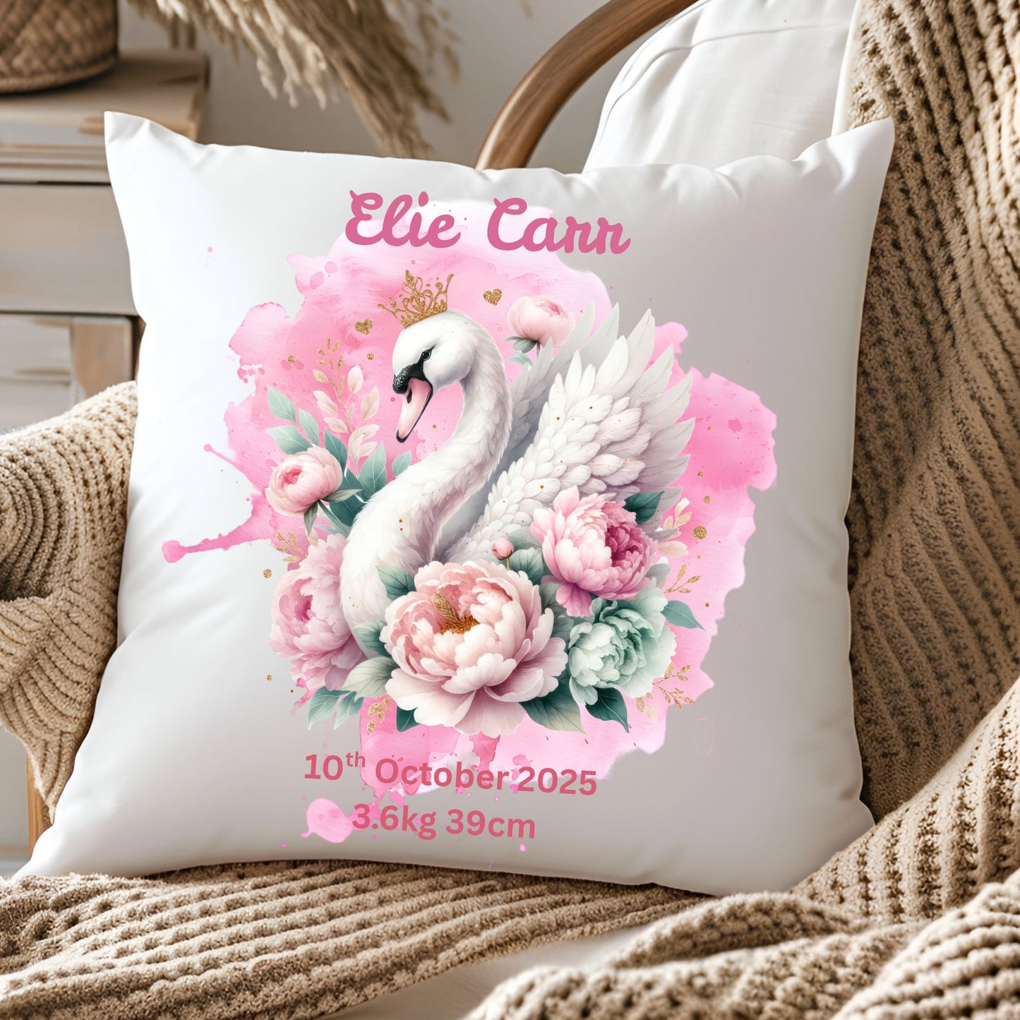 Personalised Baby Birth Stats Pillow Case with Insert | Newborn Keepsake Gift  | Nursery Decor Baby Pillow- Pretty Swan
