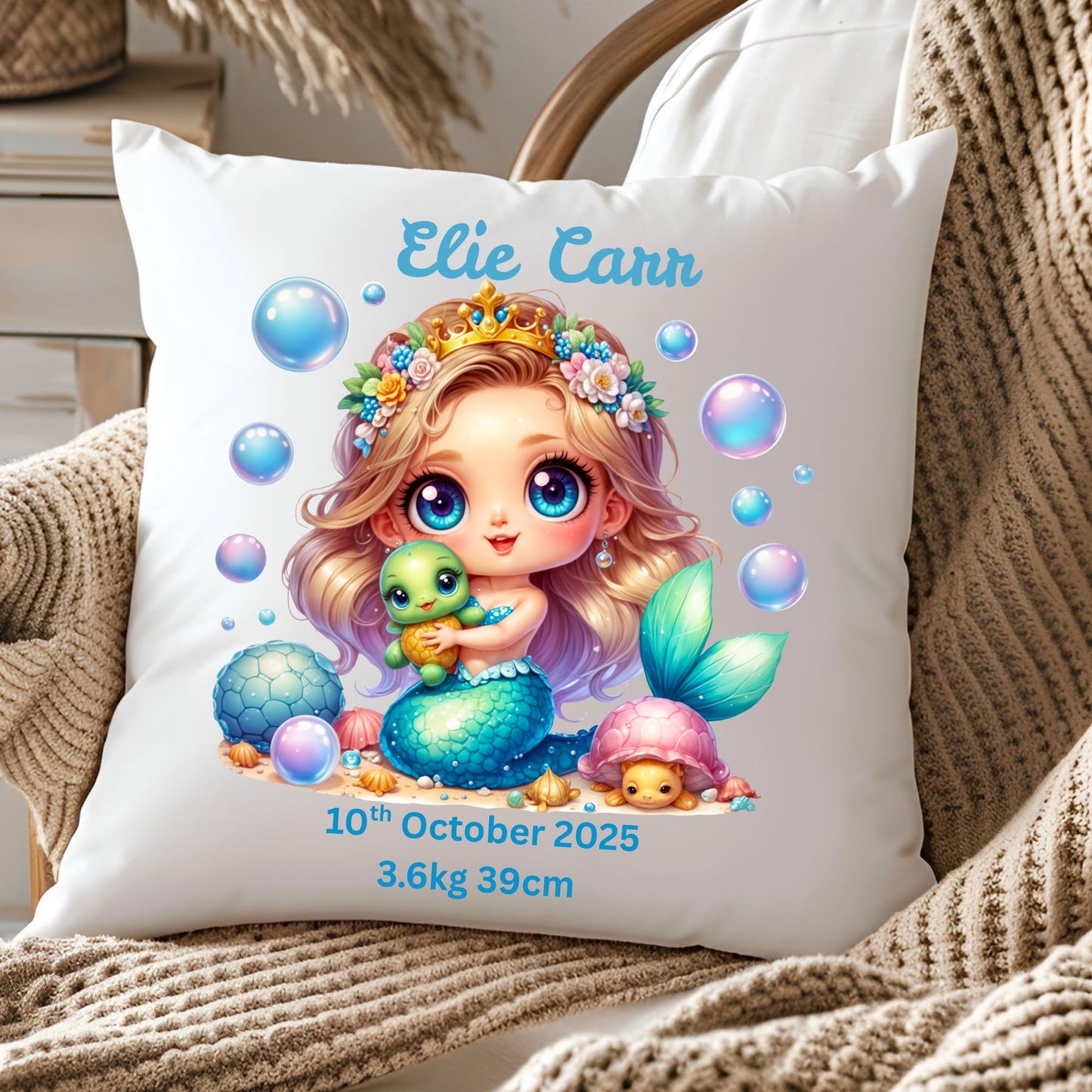 Personalised Baby Birth Stats Pillow Case with Insert | Newborn Keepsake Gift  | Nursery Decor Baby Pillow- Turtlely Mermaid