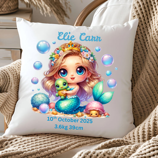 Personalised Baby Birth Stats Pillow Case with Insert | Newborn Keepsake Gift  | Nursery Decor Baby Pillow- Turtlely Mermaid