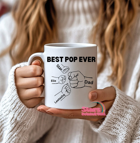 Best Dad/Pop Fist Pump Mug, Custom 1st  Father's Day Gift, Custom Mug, Upto 6 Kids Names