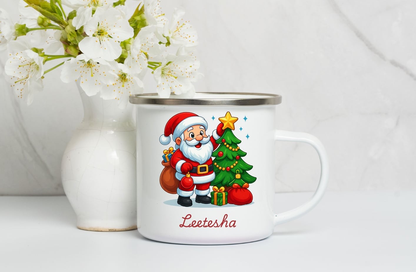 Personalised Enamel Mug ,Kids Christmas Mug, Christmas Eve Box Gift, 1st December Box Gift, Custom Camping Mug, Cup For Kids-Santa