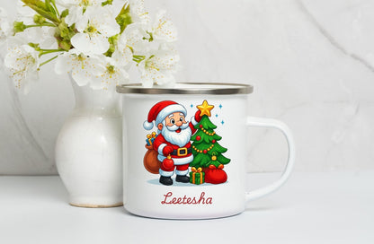 Personalised Enamel Mug ,Kids Christmas Mug, Christmas Eve Box Gift, 1st December Box Gift, Custom Camping Mug, Cup For Kids-Santa