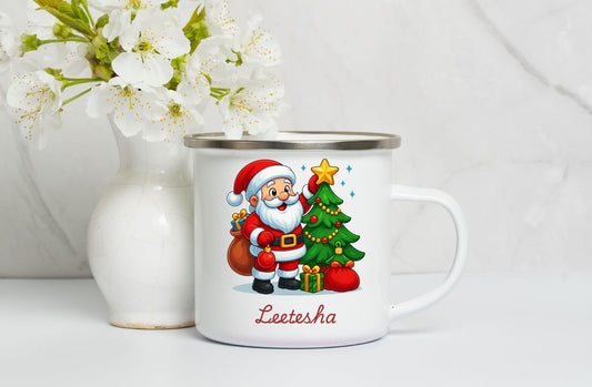 Personalised Enamel Mug ,Kids Christmas Mug, Christmas Eve Box Gift, 1st December Box Gift, Custom Camping Mug, Cup For Kids-Santa