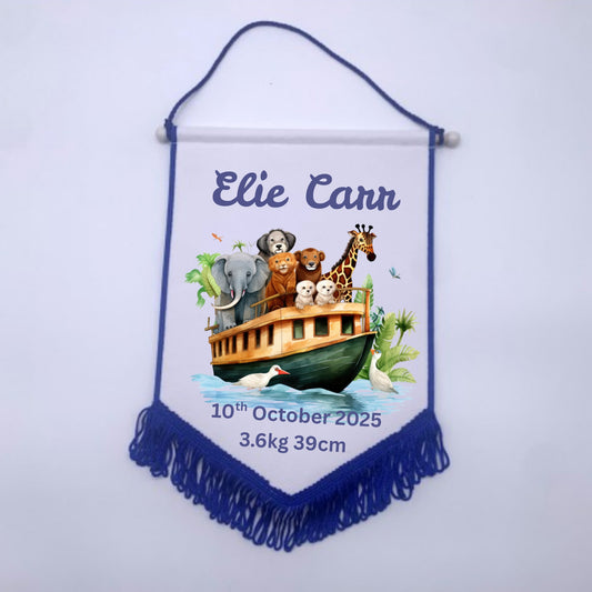 Personalised Baby Birth Stat Bunting Flag | Custom Name Nursery Decor | Newborn Wall Banner | Baby Shower Gift- Noah Arc