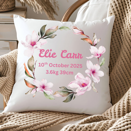 Personalised Baby Birth Stats Pillow Case with Insert | Newborn Keepsake Gift  | Nursery Decor Baby Pillow-Pink Floral