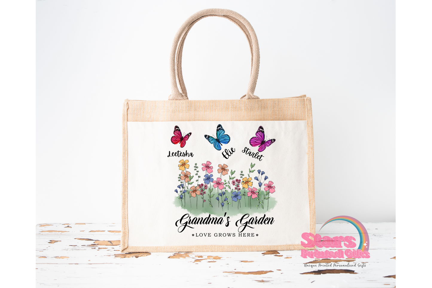 Mother's Day Gift, Personalised Jute Tote Bag, Grandma's Garden, Gift For Grandms