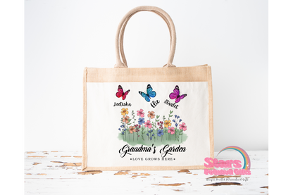 Mother's Day Gift, Personalised Jute Tote Bag, Grandma's Garden, Gift For Grandms
