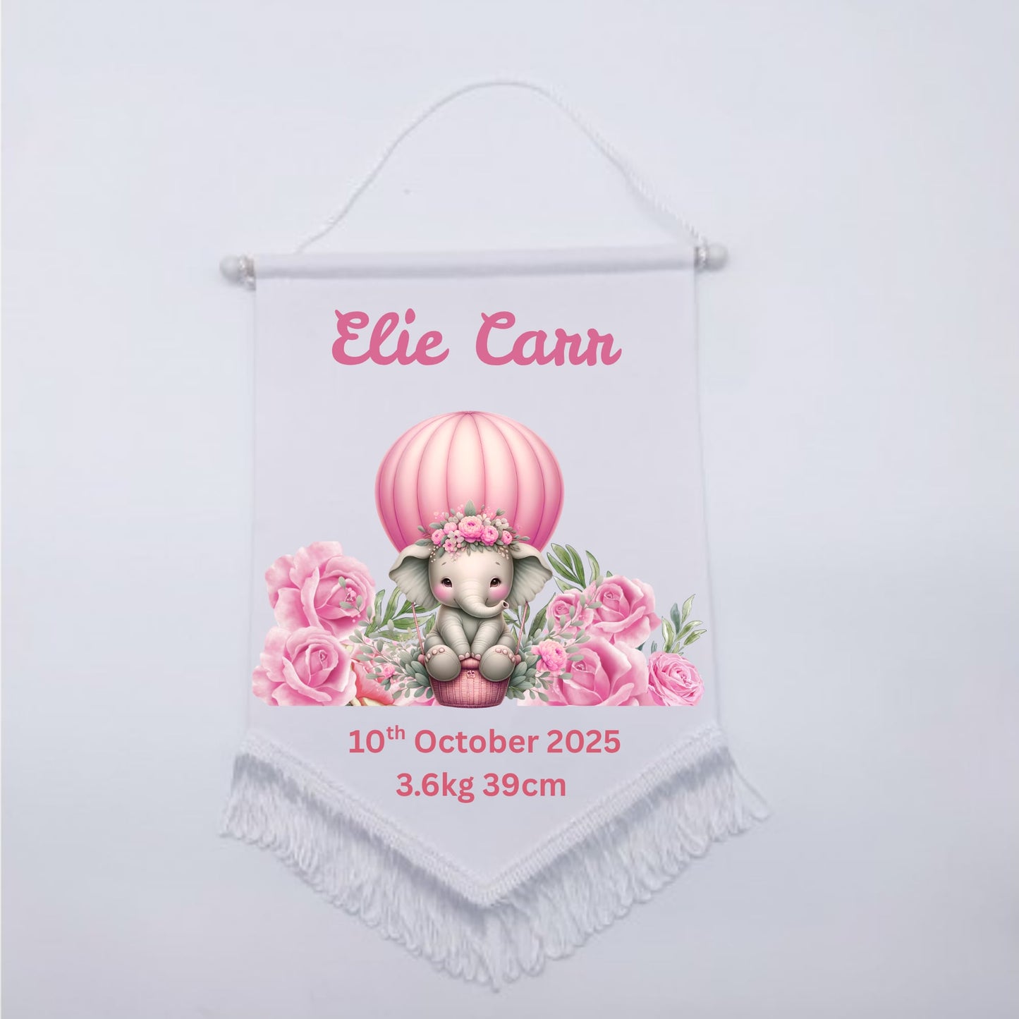 Personalised Baby Birth Stat Bunting Flag | Custom Name Nursery Decor | Newborn Wall Banner | Baby Shower Gift- Pink Elephant