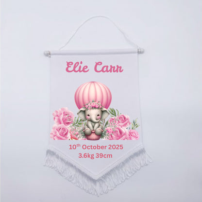 Personalised Baby Birth Stat Bunting Flag | Custom Name Nursery Decor | Newborn Wall Banner | Baby Shower Gift- Pink Elephant