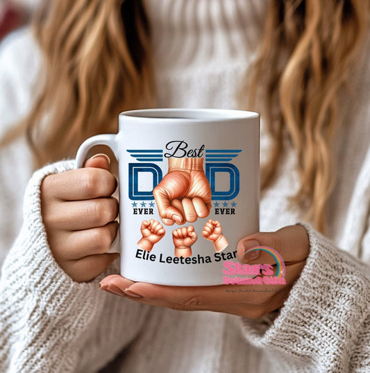 Best Dad Fist Pump Mug, Custom 1st  Father's Day Gift, Custom Mug, Upto 6 Kids Names.