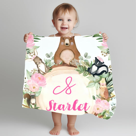 Personalised Baby blanket, Custom baby shower gift, Custom kids blanket, Name Printed Woodlands Blanket