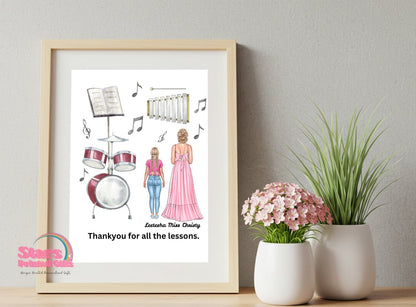 Personalised Teacher Artwork, Custom Teacher Portrait , For Music  Teacher, Digital Print, Printed or Framed Gift.