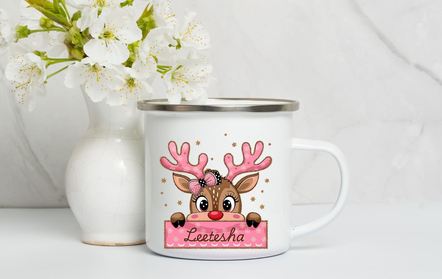 Personalised Enamel Mug ,Kids Christmas Mug, Christmas Eve Box Gift, 1st December Box Gift, Custom Camping Mug, Cup For Kids- Peeping Reindeer