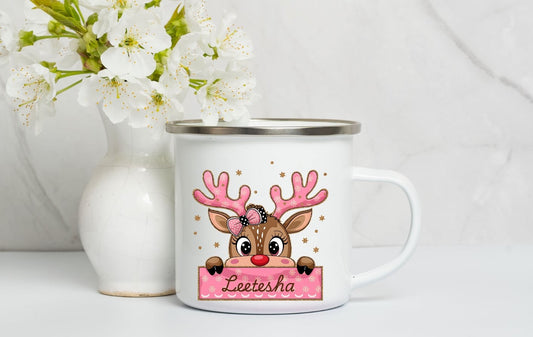 Personalised Enamel Mug ,Kids Christmas Mug, Christmas Eve Box Gift, 1st December Box Gift, Custom Camping Mug, Cup For Kids- Peeping Reindeer